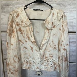 Zara Cream and Brown Blouse with Eyelet Design